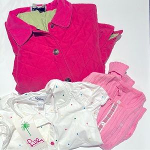 Lilly Pulitzer puff sleeve blouse (NWT), cable knit cardigan and winter coat.